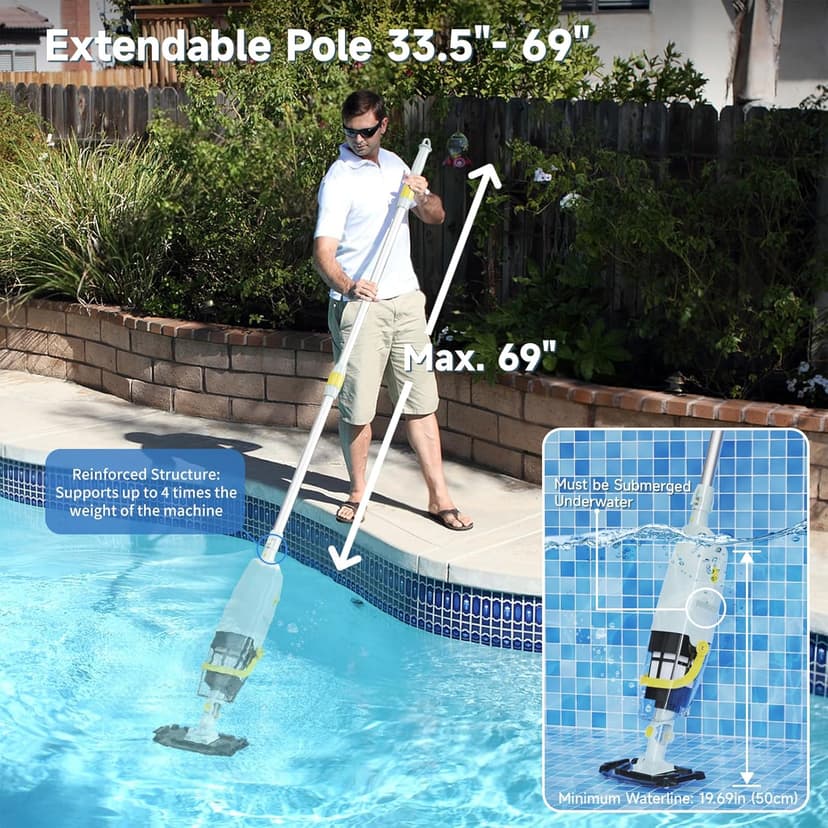 (2025 Upgraded) Cordless Handheld Pool Vacuum, Rechargeable Pool Cleaner with Telescopic Pole and Fine-Sponge, Powerful Suction, Ideal for Above & In-Ground Pools, Spas, Hot Tubs, Yellow