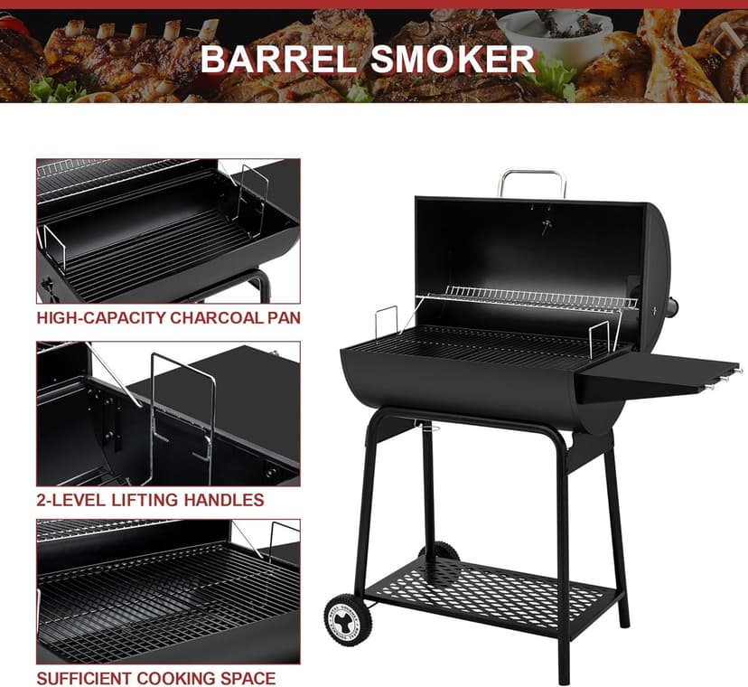 Royal Gourmet CC1830 30 Inch Barrel Charcoal Grill with Side Table, Outdoor BBQ Grill with 627 Sq. In. Cooking Space for Backyard, Patio and Parties, Black