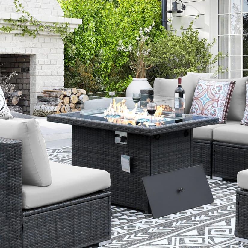 NICESOUL Wicker Propane Fire Pit Table, 60000 BTU Large Natural Gas Firepit Tables, 43'' Rectangle CSA Fireplaces for Deck Backyard, Fire Table with Windguard&Glass Rocks&Cover, Gray