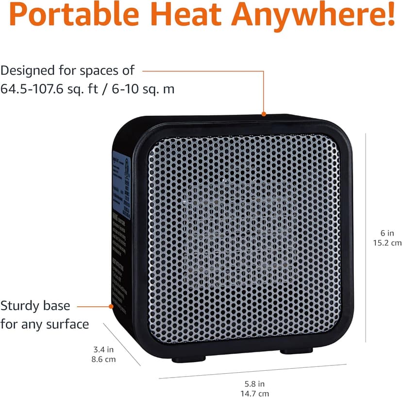 Amazon Basics Ceramic Space Heater, Mini Heater for Office Desk, Portable Tent Heater for Camping (Indoor Use), 500 W, With Tip-Over Protection, Lightweight (1.4 LBS), Black, 5.8"D x 3.4"W x 6"H
