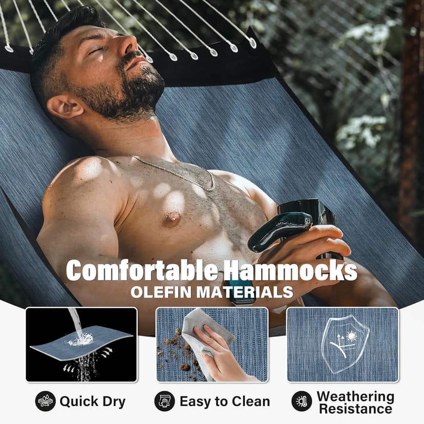 Patio Watcher 13 FT Quick Dry Olefin Hammock - Outdoor Double Hammock with Metal Curved Spreader Bars - 450 lbs Capacity - Dark Blue