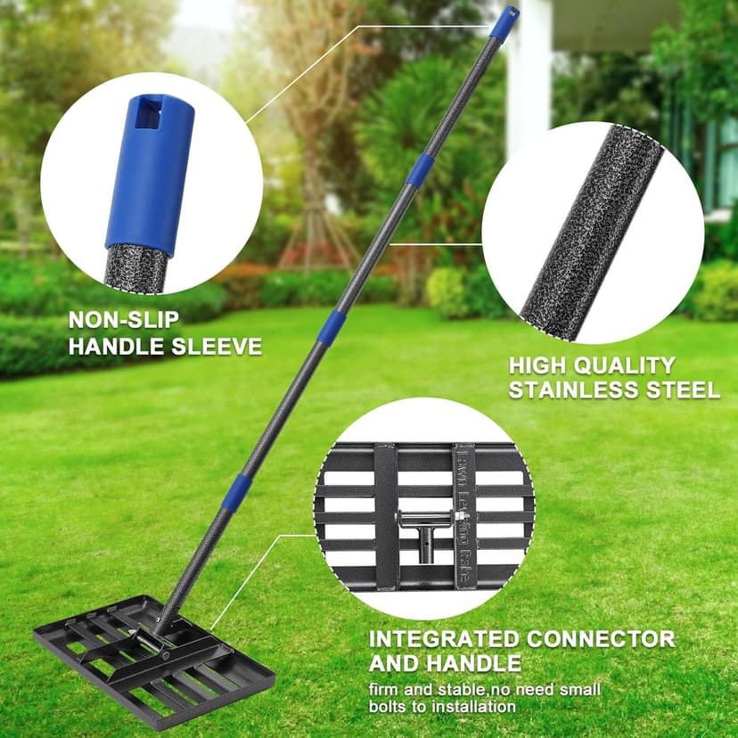 Heavy Duty Leveling Rake for Lawn, Yard & Soil - 5FT Stainless Steel Garden Tool, Rust-Proof Dirt Leveler for Turf, Golf & Football Fields
