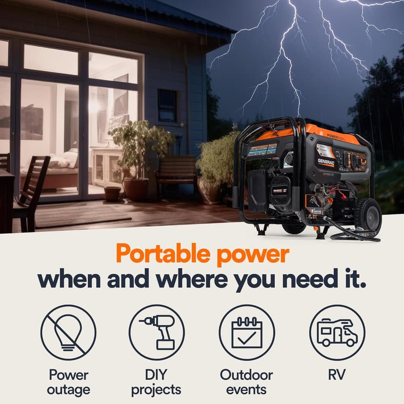 Generac 7,500-Watt Dual-Fuel Compatible Portable Generator - Gas and Propane - COsense Technology with Electric Start - PowerRush Advanced Technology - Reliable Power Solution - Home Use, Orange/Black