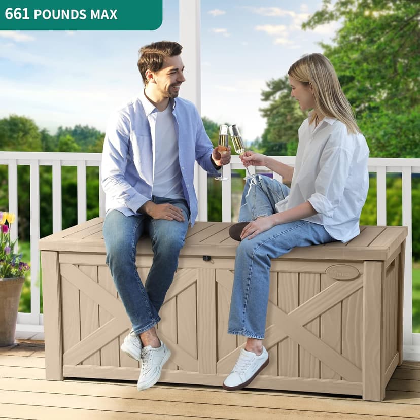 YITAHOME 120 Gallon Large Deck Box, Upgraded Resin Outdoor Storage Boxes w/Flexible Divider, Waterproof Cushion Storage Bench for Patio Furniture, Pool Supplies, Garden Tools - Lockable, Light Brown