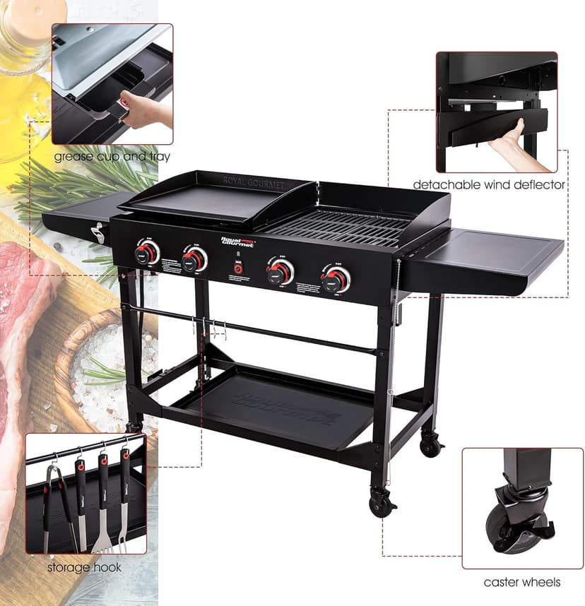 Royal Gourmet GD402 4-Burner Propane Gas Grill and Griddle Combo with Foldable Legs, 48,000 BTUs, Portable Griddle Grill Combo for Outdoor Cooking While Camping or Tailgating, Black