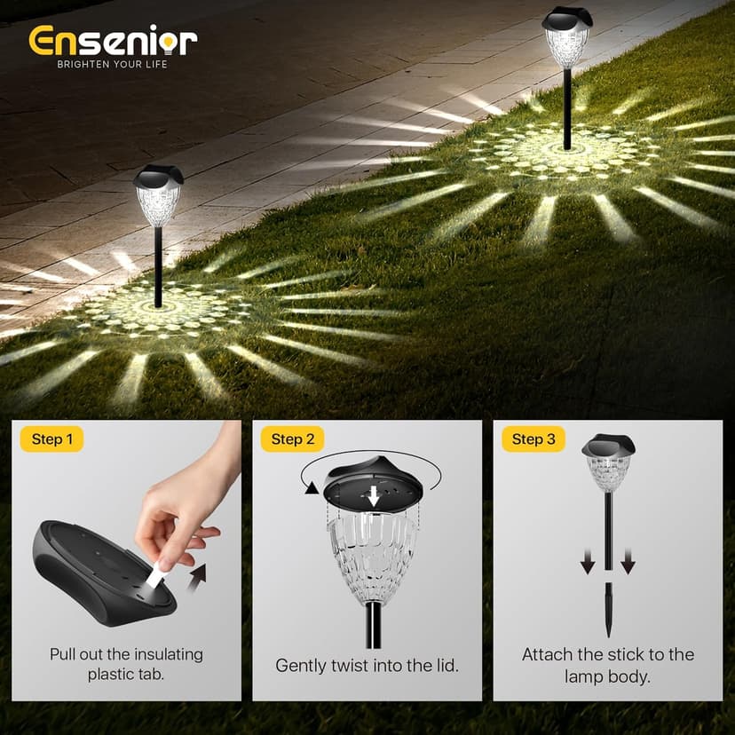 Ensenior 12-Pack Solar Lights Outdoor, Auto ON/Off 6500K LED Solar Garden Lights for Pathway, Yard, Patio, Walkway, Planter, Waterproof, Energy-Efficient Landscape Lighting