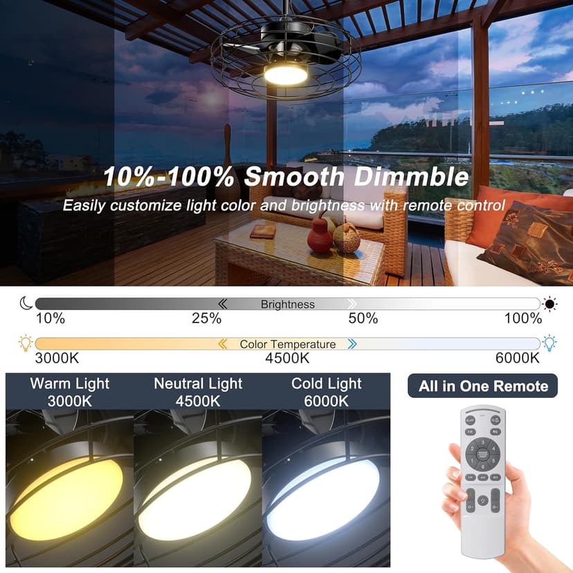 Outdoor Ceiling Fans with Light for Patios, 20'' Wet Rated Gazebo Fan Remote&APP Control, Dimmable Hanging Fan with Plug in Cord for Pergola, Black