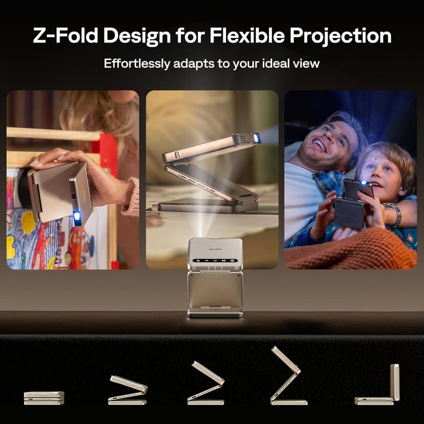 ZIP Tri-Fold Truly Portable DLP Projector, Pocket Size, Zero-Lag Focus, One-Click Screen Mirroring, Full-Screen Mode, Type-C Fast Charging, 5,000mAh Battery, Indoor Outdoor Mini Projector, Gold