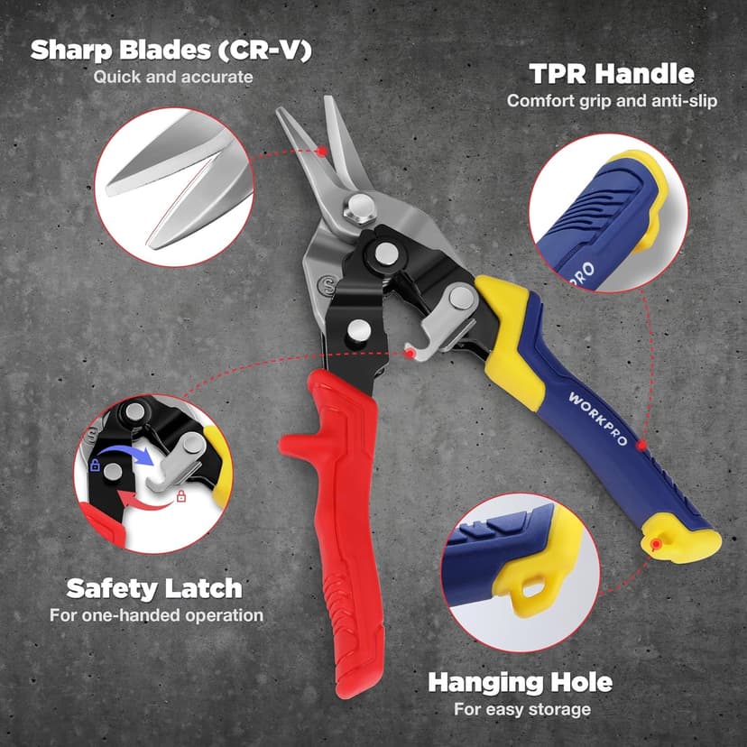 WORKPRO 8 Inch Aviation Snips, Straight Cut, Heavy Duty Metal Cutter with Safety Latch and Non-slip Handle, Cr-V Steel Sharp Teeth, Aviation Snips for Cutting Metal Sheet
