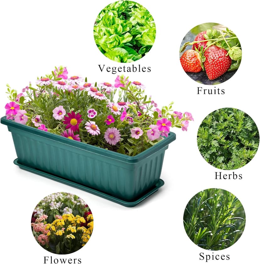 Fasmov 7 Pack 17 Inches Flower Window Box Plastic Vegetable Planters with Trays Vegetables Growing Container Garden Flower Plant Pot with 7 Pcs Plant Labels for Balcony, Patio, Garden, Green