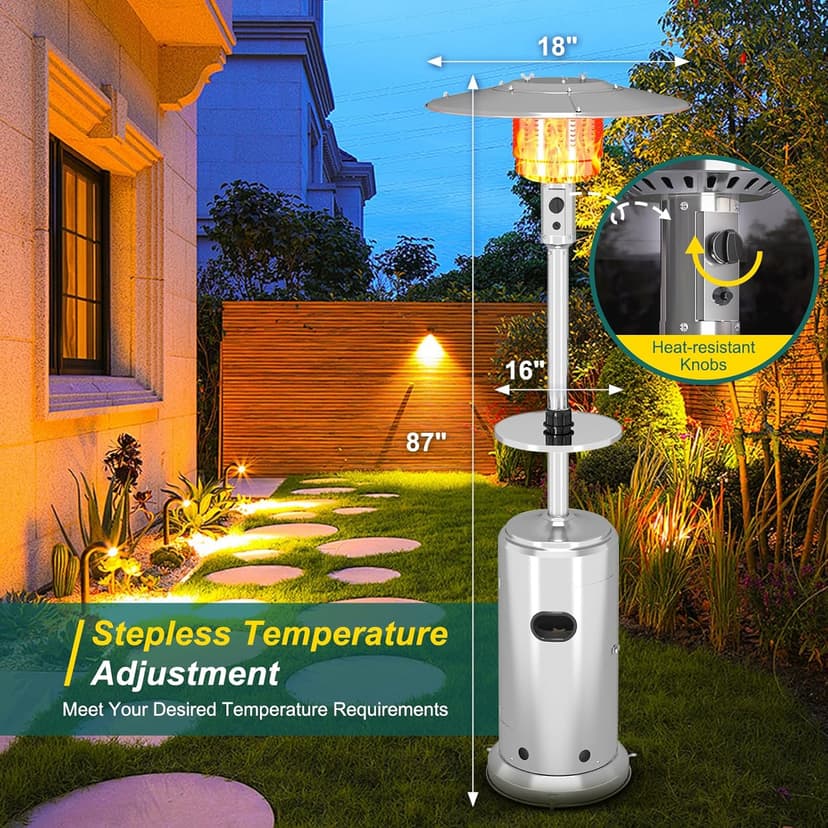 Stainless Steel Propane Patio Heater,48000BTU Outdoor Gas Heater with Ignition Systems and Wheels, Deck Heater for Backyard Garden Restaurant Cafes,Double-Layer Burner,Cover Up 200 Sq.ft
