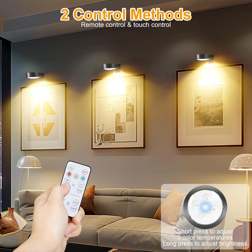 3Pcs Picture Lights for Wall Battery Operated, Magnetic Led Painting Light with Remote Dimmable and Timer, 3 Lighting Modes Art Display Light for Picture Frame, Wireless Wall Decor Puck Lights, Black