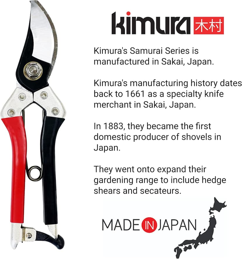 Kimura® 8" Samurai Garden Pruning Shears, [Made in Japan], Heavy Duty Premium Japanese Yasugi Steel Blades, Non-Slip Vinyl Coated Handles, Ergonomic, Japanese Bypass Pruning Shears