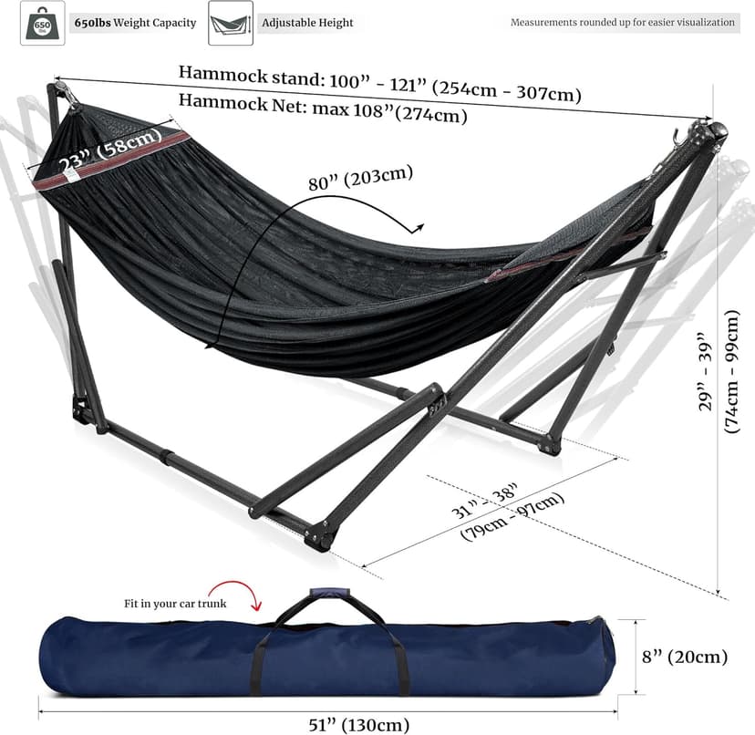 Tranquillo Hammock Stand 600 lbs Capacity, Instant 20s Foldable, 3-Year Warranty Hammock with Stand, 2 Person Camping Revolutionary Portable No Screws, Premium Hammocks, Black