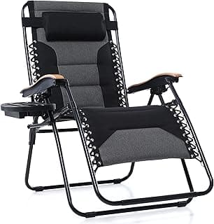 PHI VILLA XXL Oversized Padded Zero Gravity Chair, Foldable Patio Recliner, 30" Wide Seat Anti Gravity Lounger with Cup Holder, Support 400 LBS (Black)