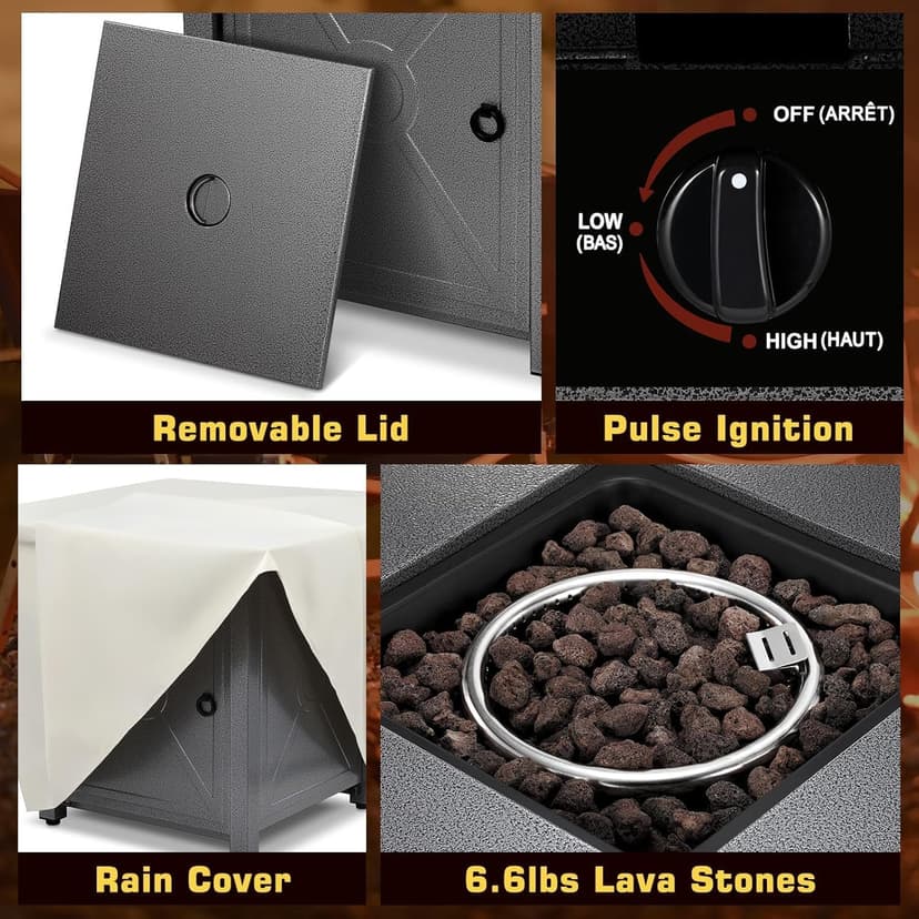 ZAFRO 28" Fire Pit Table, 40000 BTU Propane Fire Pit Table with Lid,Rain Cover and 3 Pounds Lava Stones for Outdoor Backyard, Courtyard