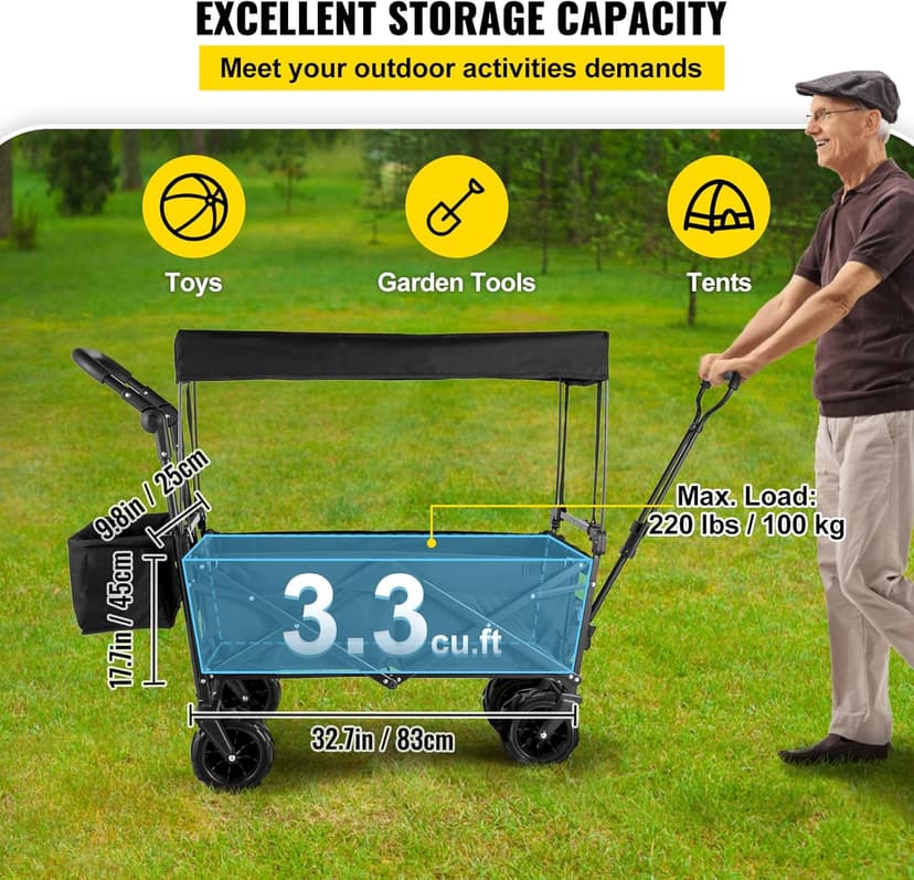 Happbuy Extra Large Collapsible Garden Cart with Removable Canopy, Folding Wagon Utility Carts with Wheels and Rear Storage, Wagon Cart for Garden, Camping, Grocery Cart, Shopping Cart, Black