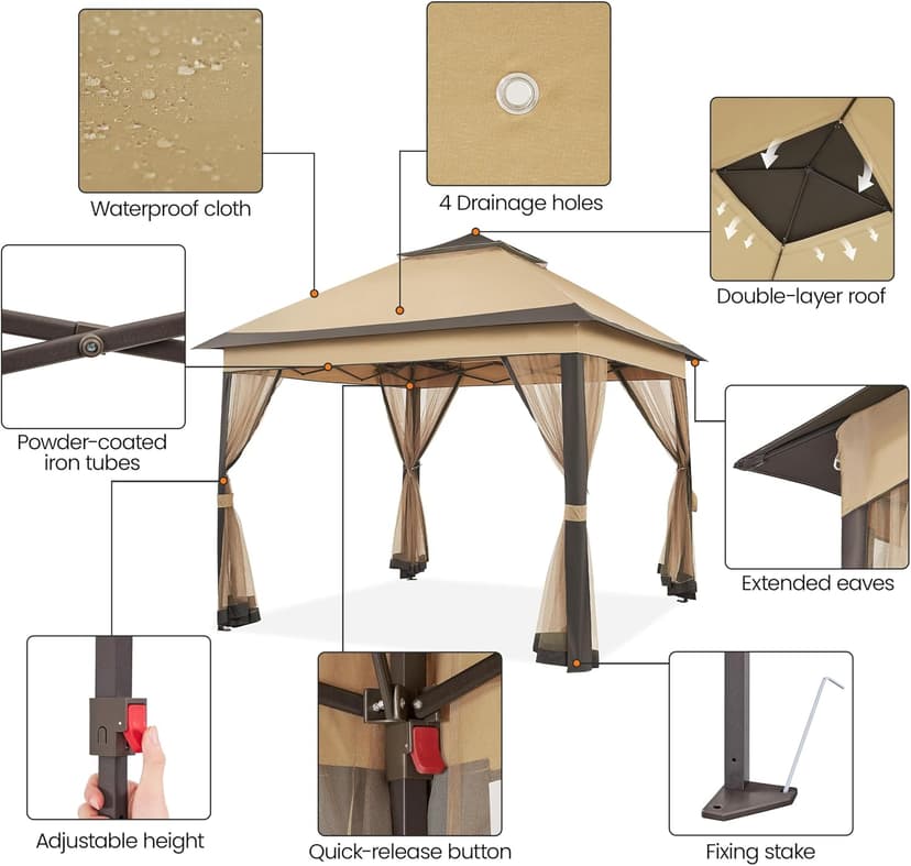 Yaheetech 11x11 Pop Up Gazebo Outdoor Canopy Shelter, Instant Patio Gazebo Sun Shade Canopy Tent with 4 Sandbags, Double Tiers & Mesh Netting for Lawn, Garden, Backyard & Deck, Khaki