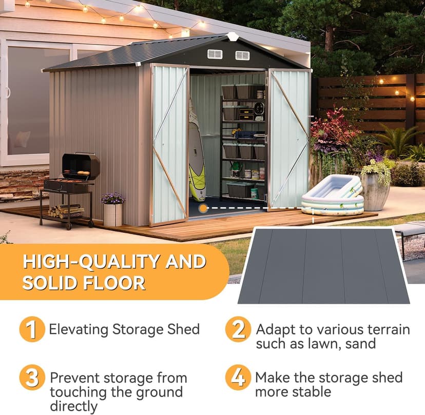 Aoxun 8x6 Shed with Floor Galvanized Steel Outdoor Storage Shed Metal Garden Shed with Double Doors, 15mm Moisture-Proof Floor & Ventilation, Sloped Roof for Bike/Generator/Tool Storage (Brown)