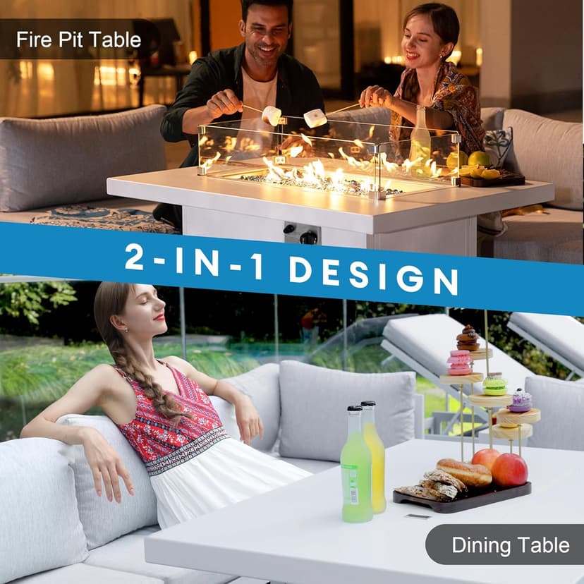 NICESOUL 43'' Outdoor Aluminum Firepit Table, 60,000 BTU Propane/Natural Gas, Rectangle CSA-Certified Fire Pit with Wind Guard & Glass Rocks, Rust-Proof Luxury Fireplace for Patio Poolside Deck, White