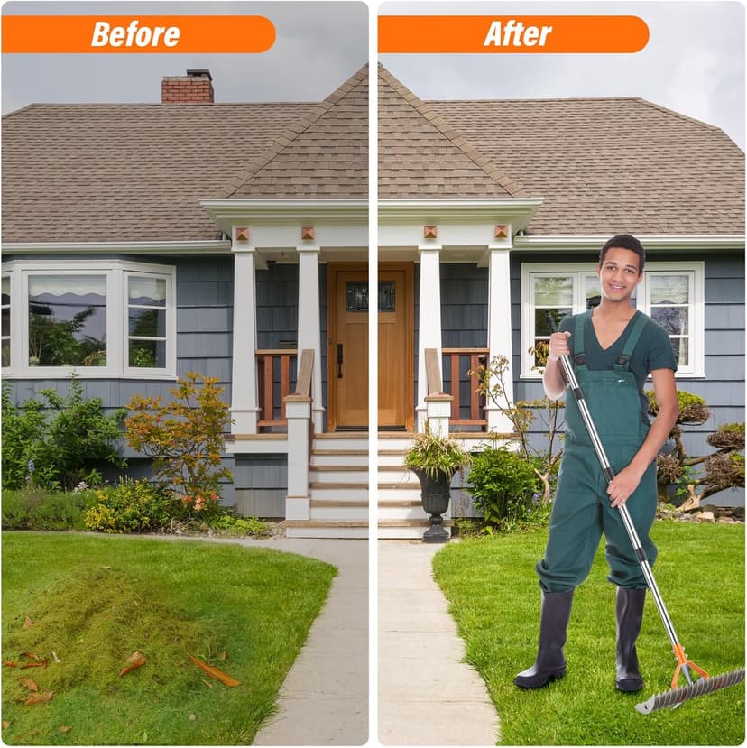 62" Adjustable Thatch Rake - 19-Tine Lawn Dethatcher with Nickel Steel Tines, Heavy Duty Ergonomic Handle for Spring Lawn Care, Soil Aeration & Yard Cleanup&Turf Renovation (Silver)