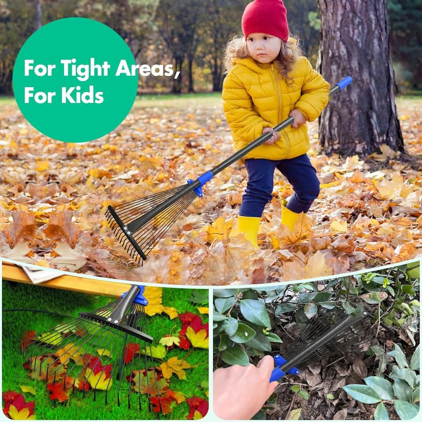 Garden Rake, Leaf Rake with Expandable Head from 9.5 inch to 17 inch, Collapsible Lawn Rakes with 53 Inch Adjustable Handle, Heavy Duty Metal Rakes for Lawn Yard, Flower Beds