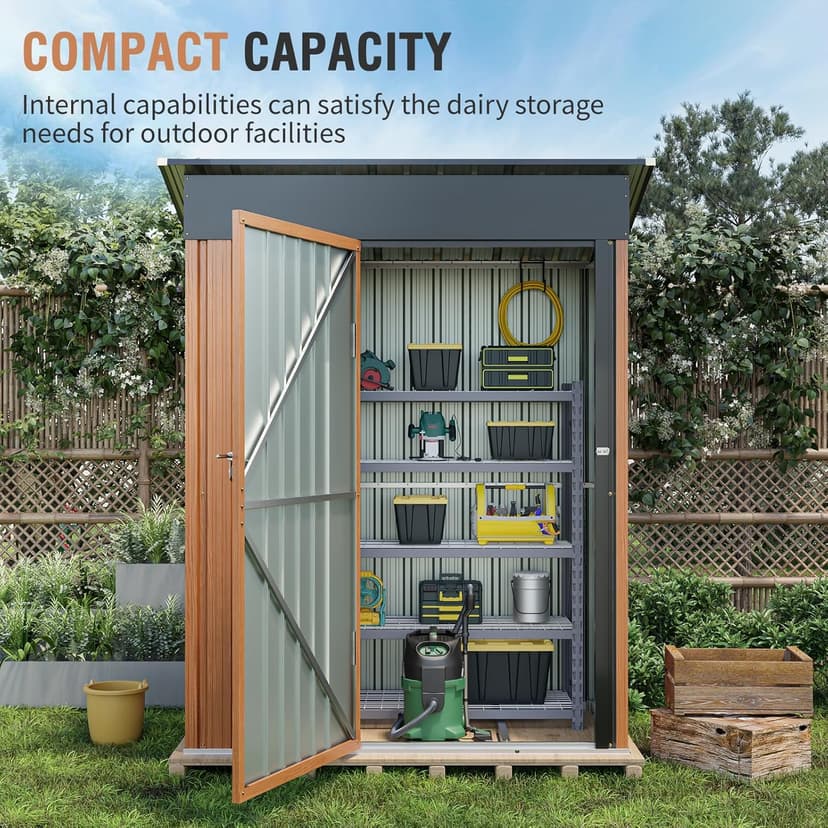 5x3 Ft Storage Shed, Outdoor Metal Shed with Floor & Lock, Small Lean to Shed, Compact Vertical Outside Bike Tiny House for Garden, Backyard, Patio, Tool