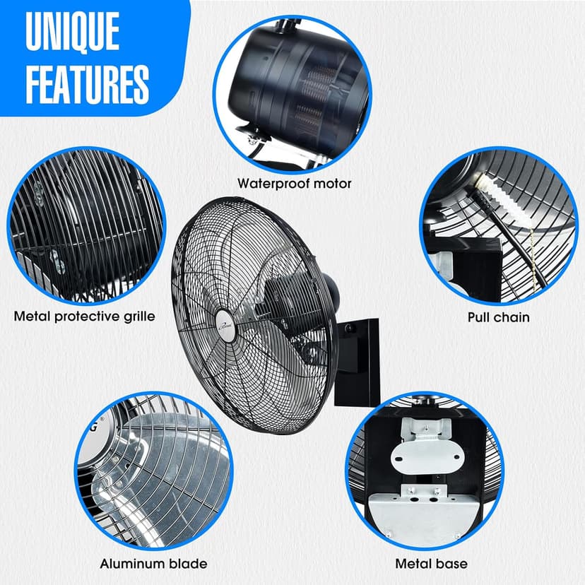 iLiving 18" Outdoor Oscillating High Velocity Wall Fan with 4150 CFM Heavy Duty Weatherproof Motor, Variable Speed Adjustment for Workshop, Garage, Patios, Commercial and industrial, 18 inch,Black