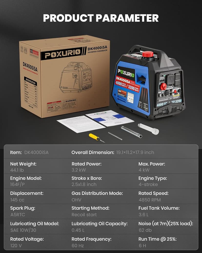 4000 Watt Inverter Generator, 120V Gas Powered Generator Super Quiet, RV Ready/EPA for RV, Camping and Home