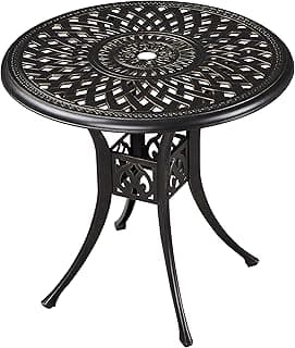 Yaheetech 31in Cast Aluminum Patio Table with Umbrella Hole, Outdoor Round Anti-Rust Small Coffee Bistro Table with Umbrella Hole, Outdoor Furniture for Porch, Backyard, Garden, Bronze