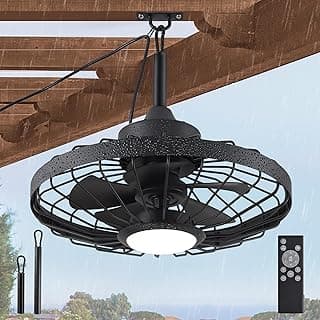 LEDIARY 20" Outdoor Ceiling Fans with Lights and Remote Control, Waterproof Caged Ceiling Fan with 3 Color LED Light,Portable Hanging Gazebo Fan with Plug in Cord Hook for Patios,Black