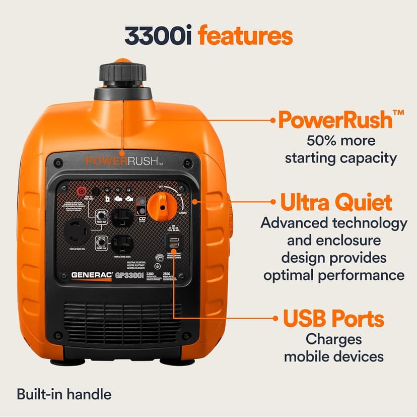 Generac 3,300-Watt Gas-Powered Portable Inverter Generator - Lightweight Design - USB Ports for Mobile Device Charging - COsense Technology - Perfect for Home use - Orange/Black