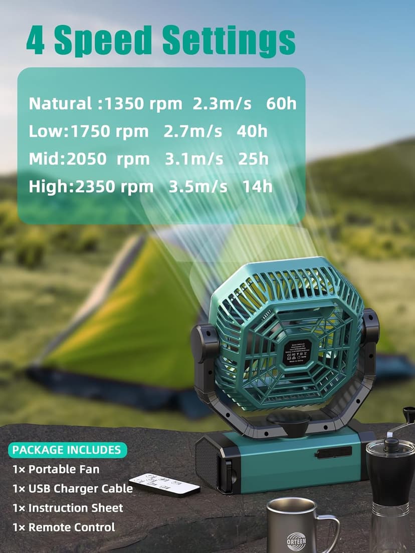 Portable Rechargeable Fan - 9-Inch Camping Fan for Tent, 20000mAh(60Hrs) Battery Operated Fan for Camping, Auto Oscillation Cordless Fan, Tent Fan with Remote/Light, 4 Speeds, 4 Timing, Outdoor
