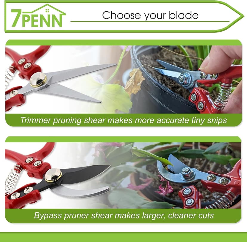 7Penn Garden Pruning Shears - 2pc Straight and Curved Sharp Blade Gardening Hand Tools with Red Ergonomic Grip Handles