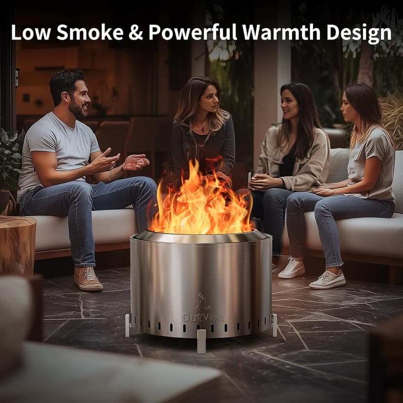 22" Stainless Steel Smokeless Fire Pit, Outdoor Protable Smokeless Wood Burning Fire Pits for Bonfire, Patio, Camping, Firepit for Outside with Poker & Cover(Vertical Hole)