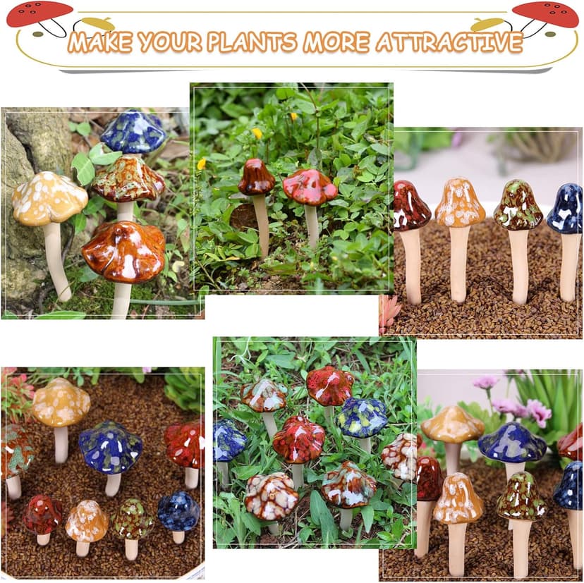 8Pcs Ceramic Garden Mushrooms Figurine Decorative Plants Stakes Accessories Lawn Ornaments Statue for Outdoor (Random Color) (Blooming-1)
