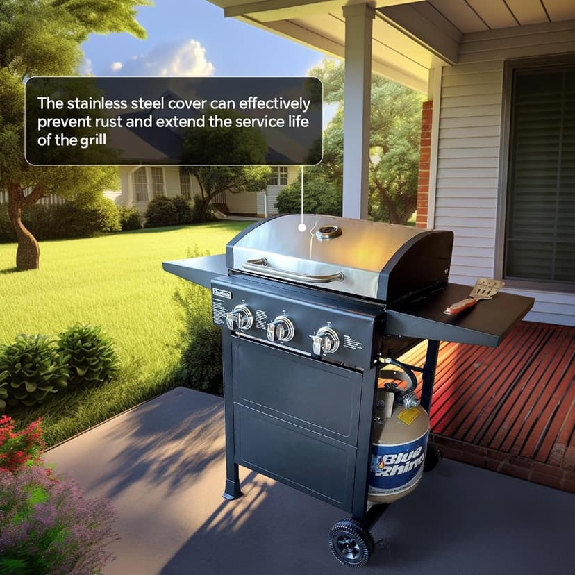 Grill Propane 3 Burner Gas Outside, Bbq with Thermometer, Patio grill For Small gatherings, asadores de gas 30000 BTU. Barbecue grill with Foldable Rack.