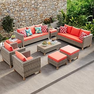 9 Pieces Patio Furniture Sets All Weather Reinforced Wicker Rattan Sectional Sofa with Metal Top Coffee Table Outdoor Furniture Conversation Set for Porch, Poolside, Garden, Backyard, Red