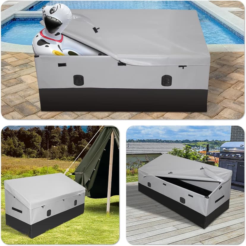 Outdoor Waterproof Storage Box, 150 Gallon, Waterproof PE Tarpaulin Deck Box w/Galvanized Metal Frame, All-Weather Protection & Portable, for Porch, Garden, Poolside, and Yard (Black & Grey)