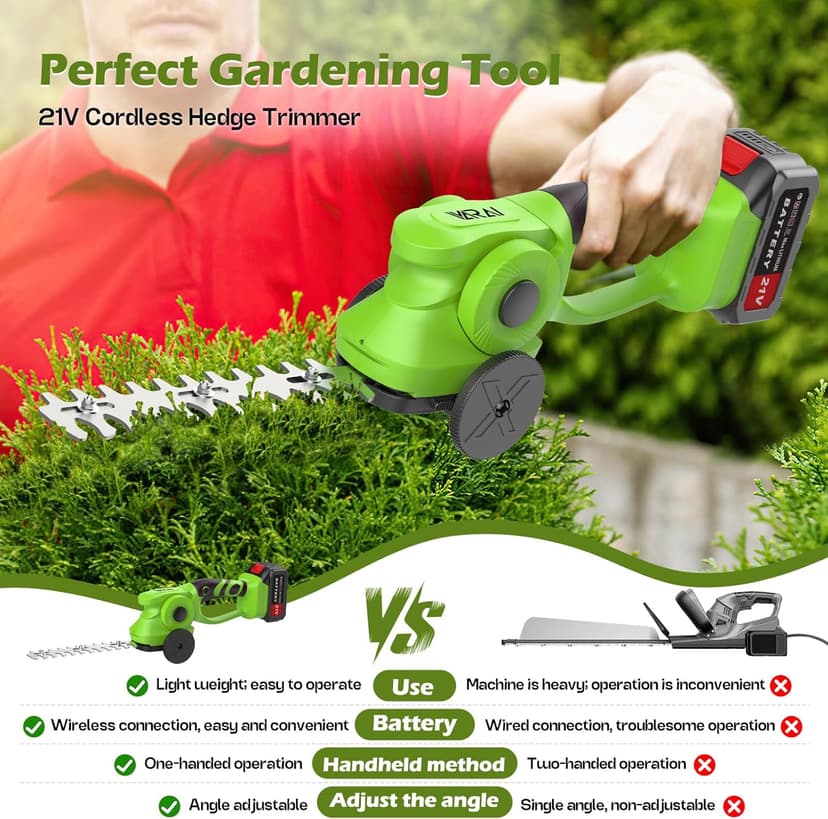 Hedge Trimmer Cordless, 2 in 1 Cordless Hedge Trimmer with 2600mAh Battery*2, High Power and Large Capacity Hedge Shears for Gardens, Patios and Lawns Charger Included