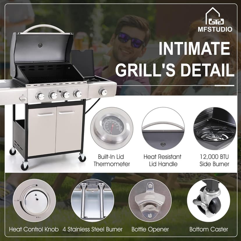 MFSTUDIO 4-Burner Propane Gas Grill, Stainless Steel BBQ Grill with Side Burner and Porcelain-Enameled Cast Iron Grates, High Heat Output Gas BBQ Grills for Barbeque and Outdoor Cooking