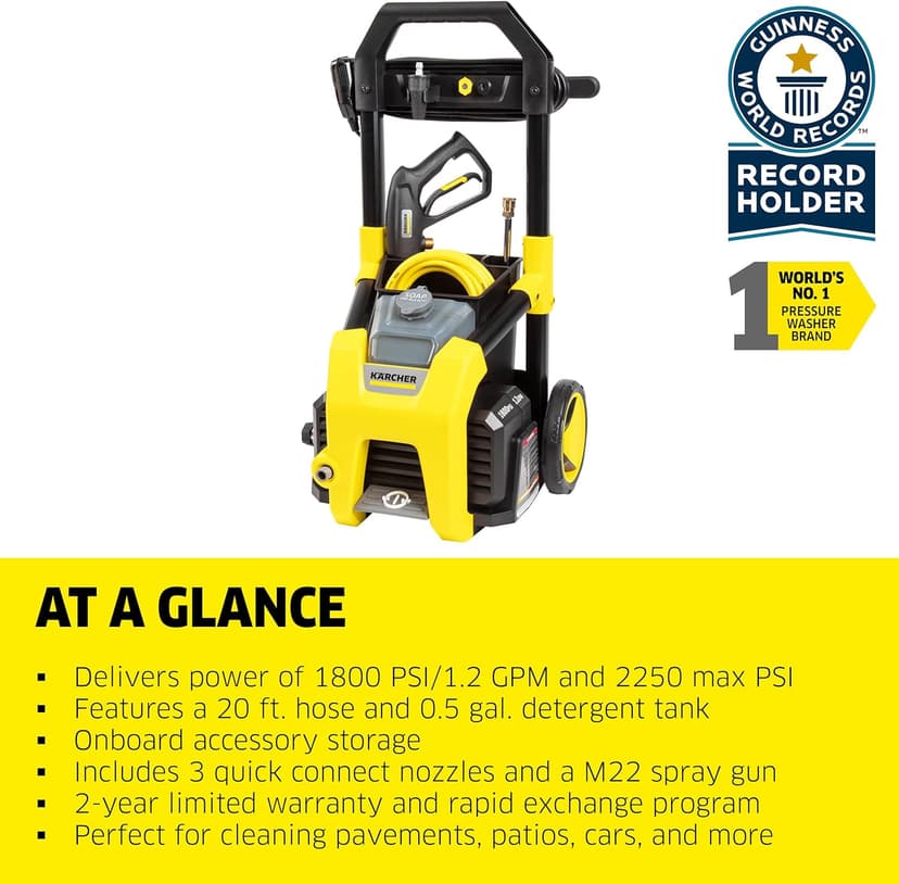 Kärcher Pressure Washer K1800PS, Max 2250 PSI, 3 Spray Nozzles, Detergent Tank, For Cars, Driveways, Siding, Patios, 1.46 max. GPM