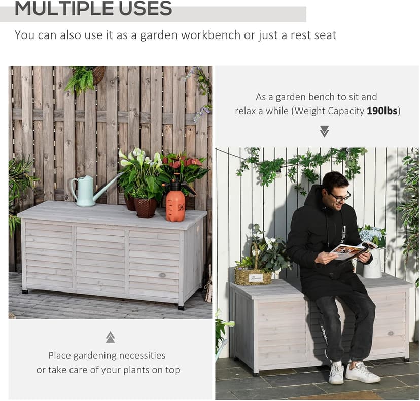 Outsunny 75 Gallon Wooden Deck Box, Outdoor Storage Container with Aerating Gap & Weather-Fighting Finish, Grey