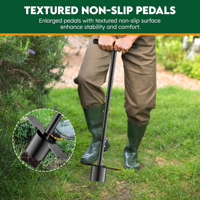 BreeRainz Bulb Planter Tool Long Handle, Height Adjustable Sod Plugger Tool w/ 3.5" Wide Serrated Base,Heavy Duty Dual-Peda Garden Tool for Planting Tulips,Iris,Daffodils,Soil Sampler Transplanting