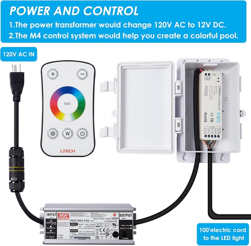 HQUA PN01DC 120V AC Remote Control LED RGBW Color Change Inground Pool Light, 10 Inch 50W with 100 Feet Cord, UL Listed Transformer Included, Fit for 10" Large Wet Niches.