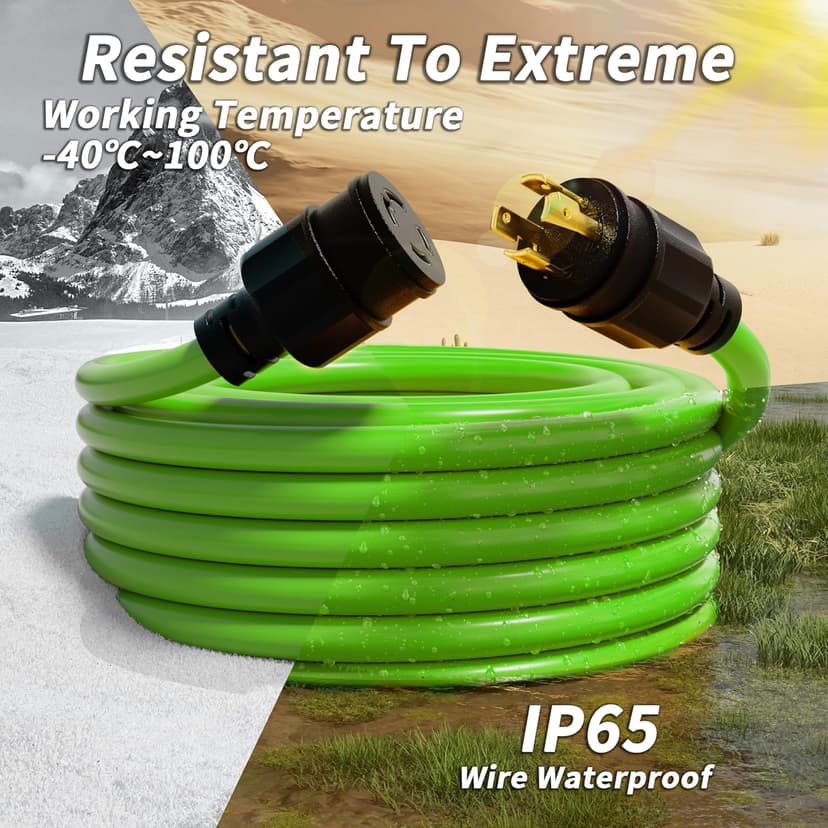15FT 30 Amp Generator Extension Cord 4 Prong, NEMA L14-30P/L14-30R 10 Gauge STW 125/250V Twist Lock Generator Cord Heavy Duty, Green ETL Listed