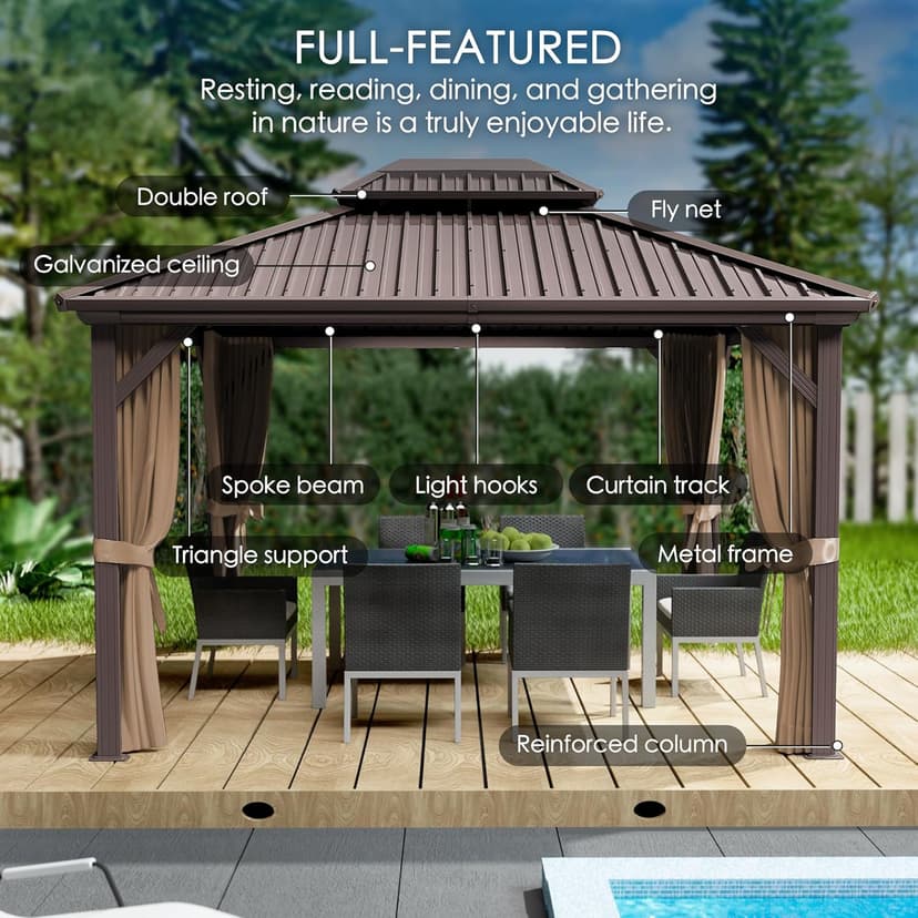 Kozyard Caesar 10'x12' Hardtop Gazebo - Permanent Metal Pavilion with Netting Shaded Curtains for Patio, Backyard, and Deck - Galvanized Steel Outdoor Aluminum Canopy, Double Roof Gazebo (Dark Brown)