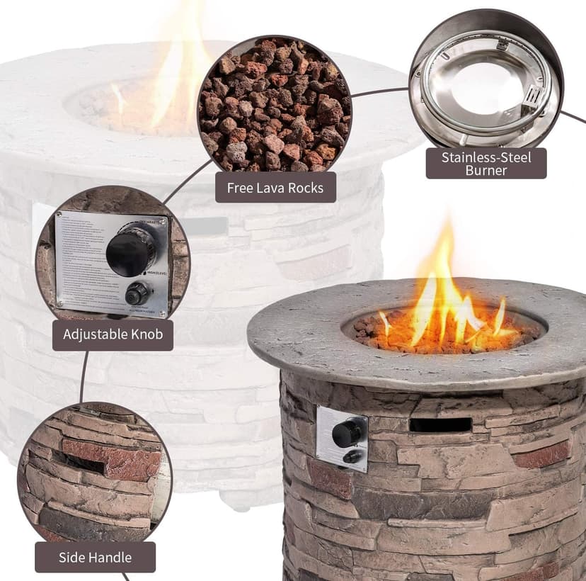 SUNBURY Outdoor Fire Pit Propane Round Fire Pit Table Fire Column, Stonecrest 40,000 BTU Gas Fire Pits for Outside w Lava Rocks, Waterproof Cover, CSA Certified
