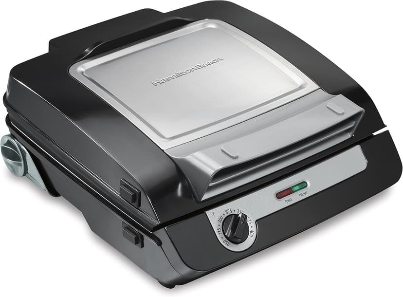 Hamilton Beach 4-in-1 Indoor Grill & Electric Griddle Combo with Bacon Cooker, Opens Flat to Double Cooking Surface, Removable Nonstick Plates, Black & Silver (25601)
