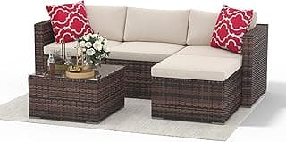 5 Pieces Patio Furniture Set, Rattan Outdoor Patio Furniture Sofa Set with Anti-Slip Cushions, All-Weather Wicker Sectional Sofa with Glass Coffee Table and Ottoman for Balcony, Porch, Garden, Brown